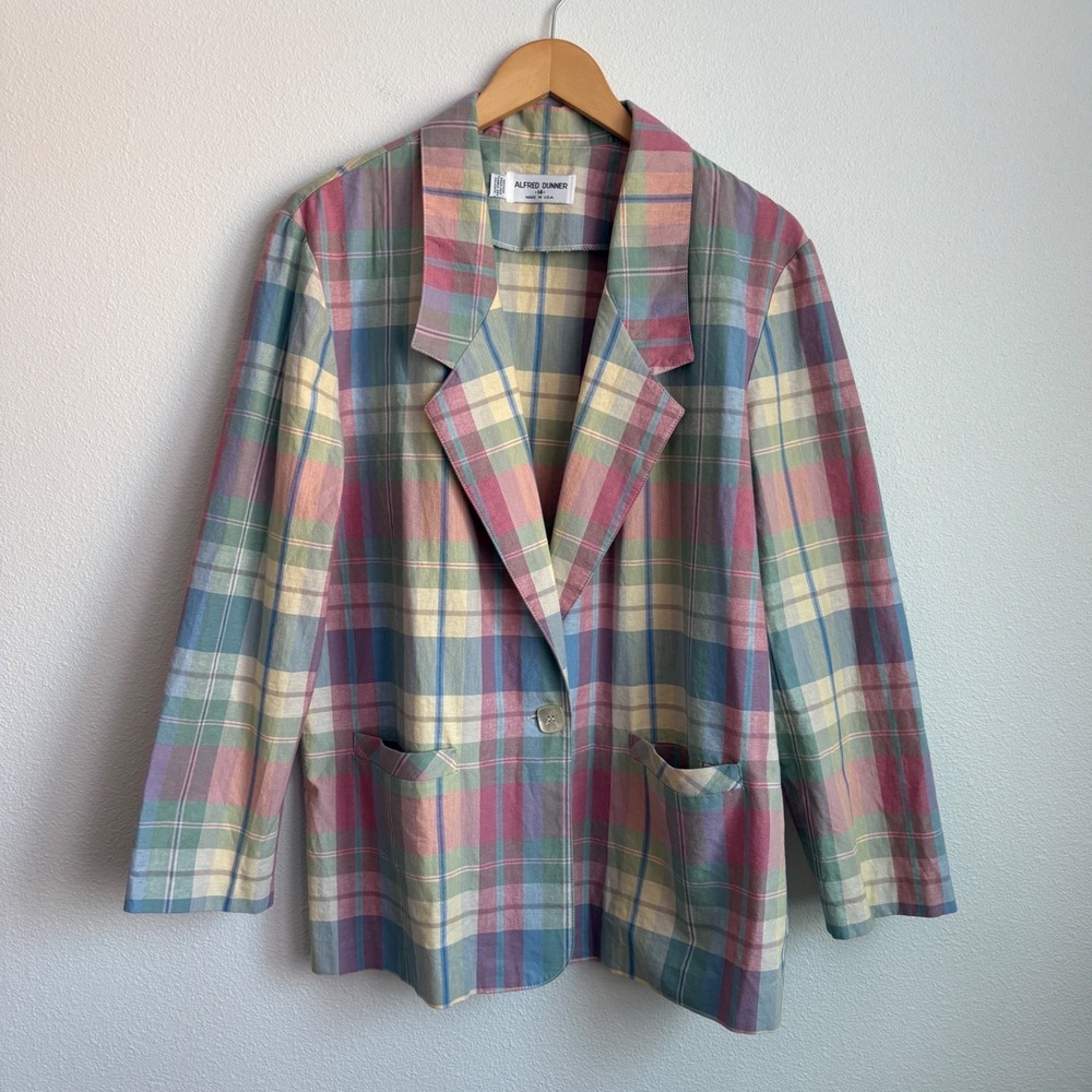 Vintage Alfred Dunner Pastel Plaid Blazer Jacket Made in USA Size 14 Pink Blue